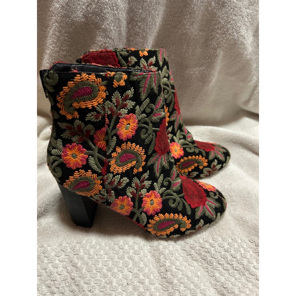 Floral Embroidered Block‎ Heel Ankle Boots Black Red Orange Paisley Hippie 7.5